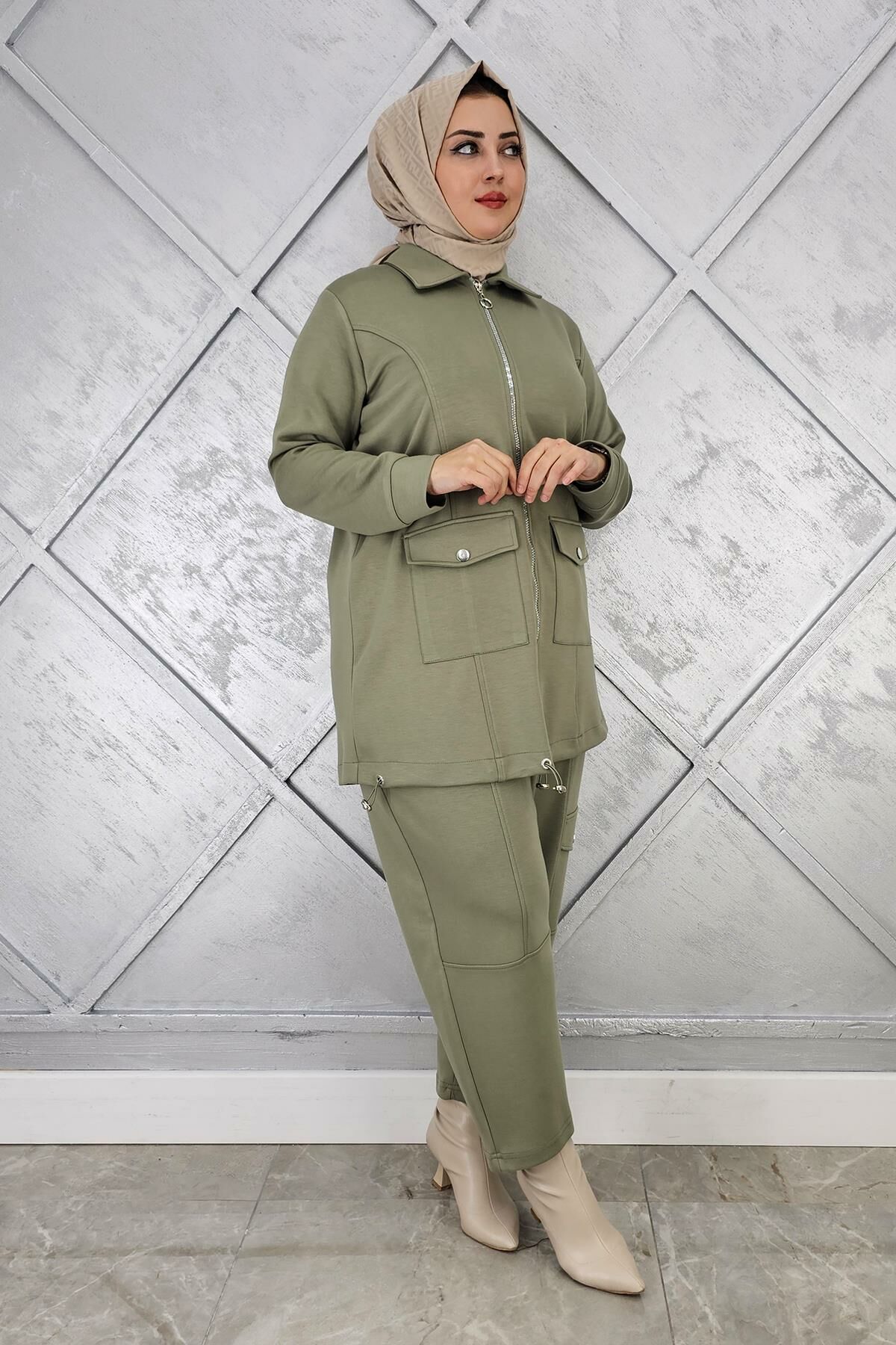 KADIN ÇIT ÇIT FERMUARLI TESETTÜR TAKIM HAKİ - 3 BEDEN