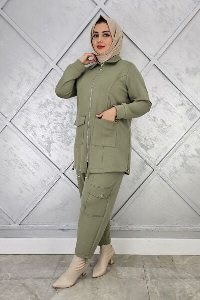 KADIN ÇIT ÇIT FERMUARLI TESETTÜR TAKIM HAKİ - 3 BEDEN