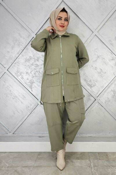 KADIN ÇIT ÇIT FERMUARLI TESETTÜR TAKIM HAKİ - 3 BEDEN