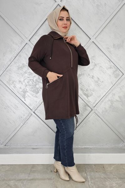 KADIN FERMUAR DETAYLI TESETTÜR TUNİK KAHVERENGİ - 4 BEDEN