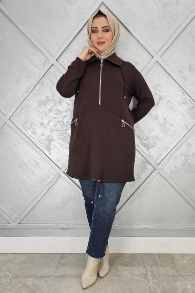 KADIN FERMUAR DETAYLI TESETTÜR TUNİK KAHVERENGİ - 4 BEDEN