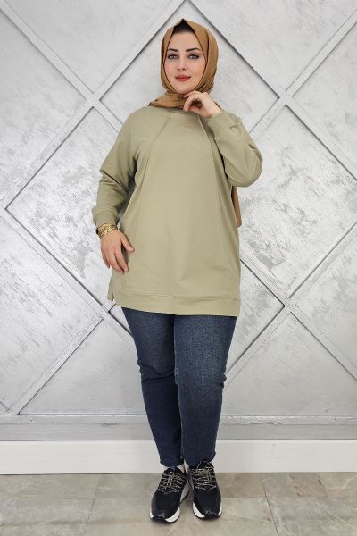 KADIN NERVÜR DİKİM TAŞ DETAYLI TESETTÜR TUNİK MİNT YEŞİLİ - L