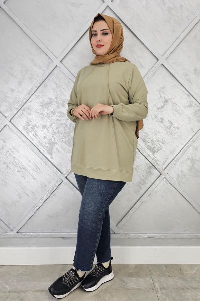 KADIN NERVÜR DİKİM TAŞ DETAYLI TESETTÜR TUNİK MİNT YEŞİLİ - L