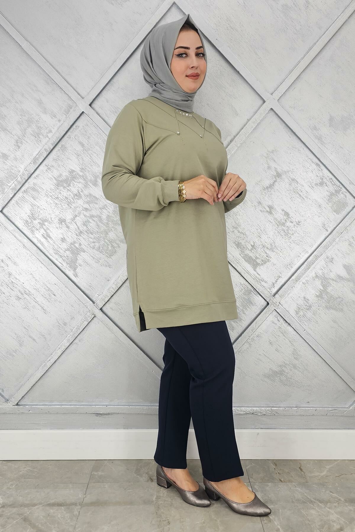 KADIN TAŞ DETAYLI TESETTÜR TUNİK MİNT YEŞİLİ - 2XL