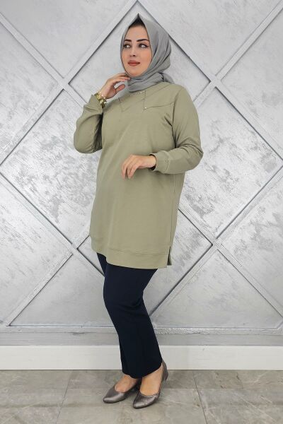 KADIN TAŞ DETAYLI TESETTÜR TUNİK MİNT YEŞİLİ - 2XL