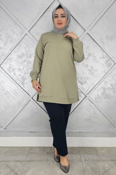 KADIN TAŞ DETAYLI TESETTÜR TUNİK MİNT YEŞİLİ - 2XL