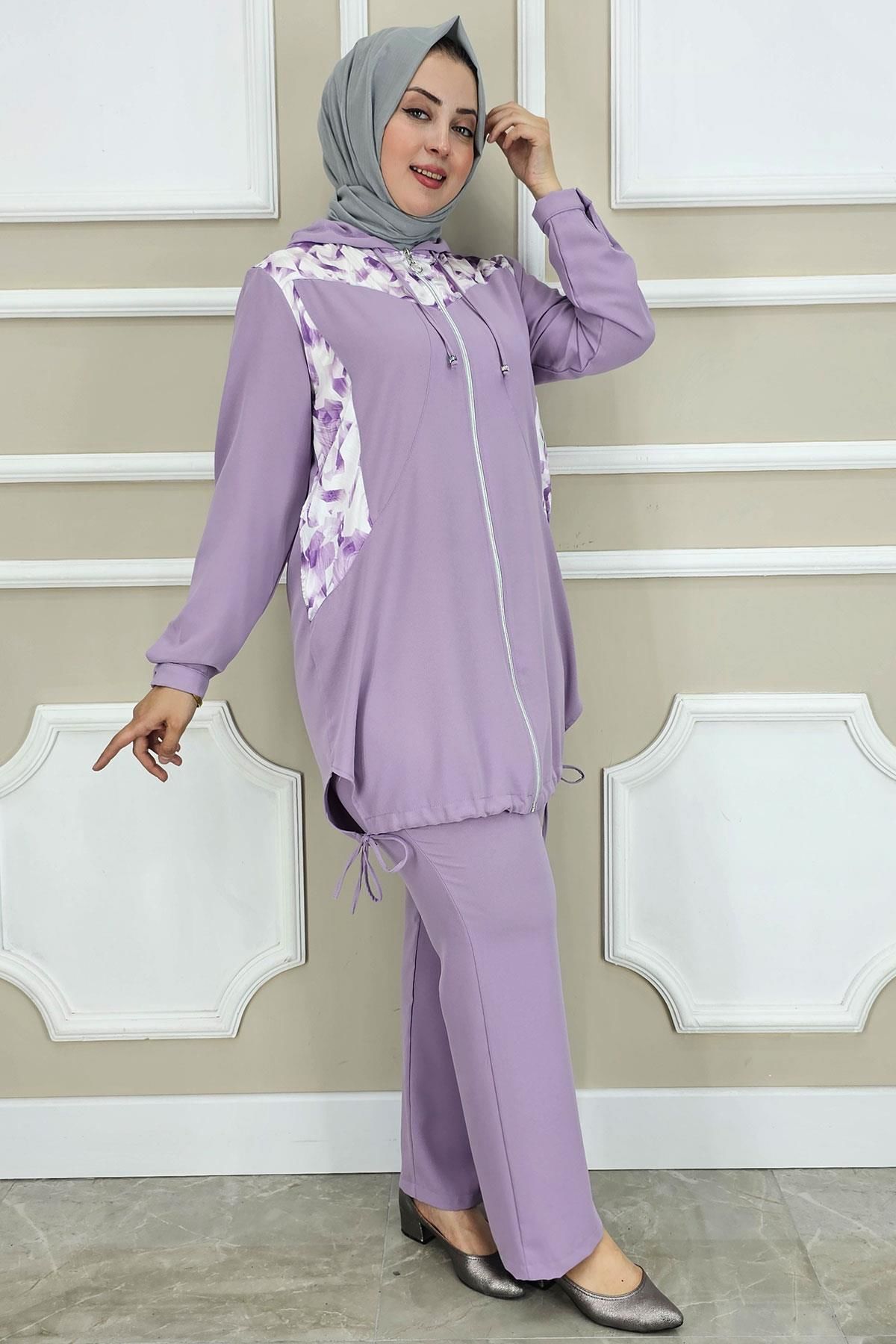 PYS KADIN KOMBİN DETAYLI TESETTÜR TAKIM LİLA - 4 BEDEN