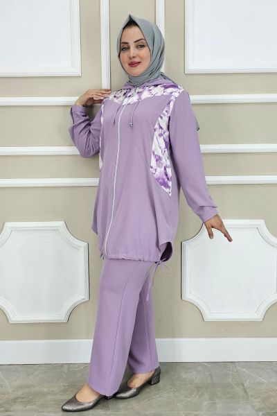 PYS KADIN KOMBİN DETAYLI TESETTÜR TAKIM LİLA - 4 BEDEN