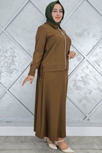 PYS KADIN BÜZGÜ DETAYLI TESETTÜR TAKIM KAHVERENGİ - 5 BEDEN