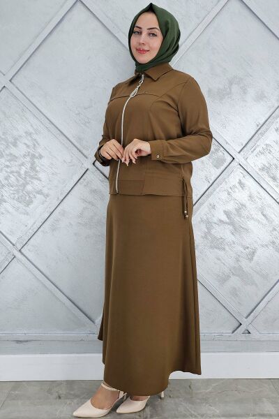 PYS KADIN BÜZGÜ DETAYLI TESETTÜR TAKIM KAHVERENGİ - 5 BEDEN
