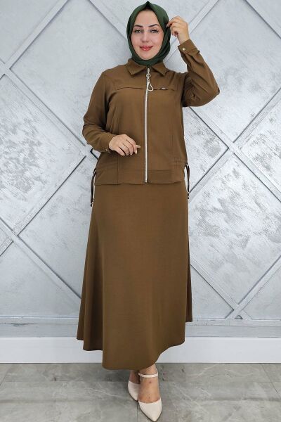 PYS KADIN BÜZGÜ DETAYLI TESETTÜR TAKIM KAHVERENGİ - 5 BEDEN