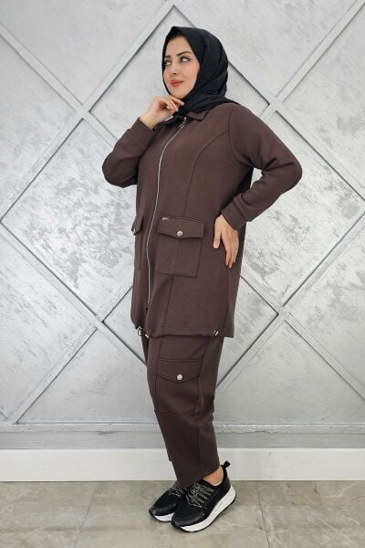 KADIN ÇIT ÇIT FERMUARLI TESETTÜR TAKIM KAHVERENGİ - 4 BEDEN