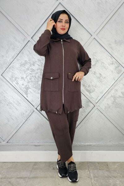 KADIN ÇIT ÇIT FERMUARLI TESETTÜR TAKIM KAHVERENGİ - 4 BEDEN