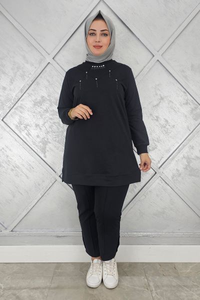 KADIN TAŞ DETAYLI TESETTÜR TUNİK SİYAH - 2XL