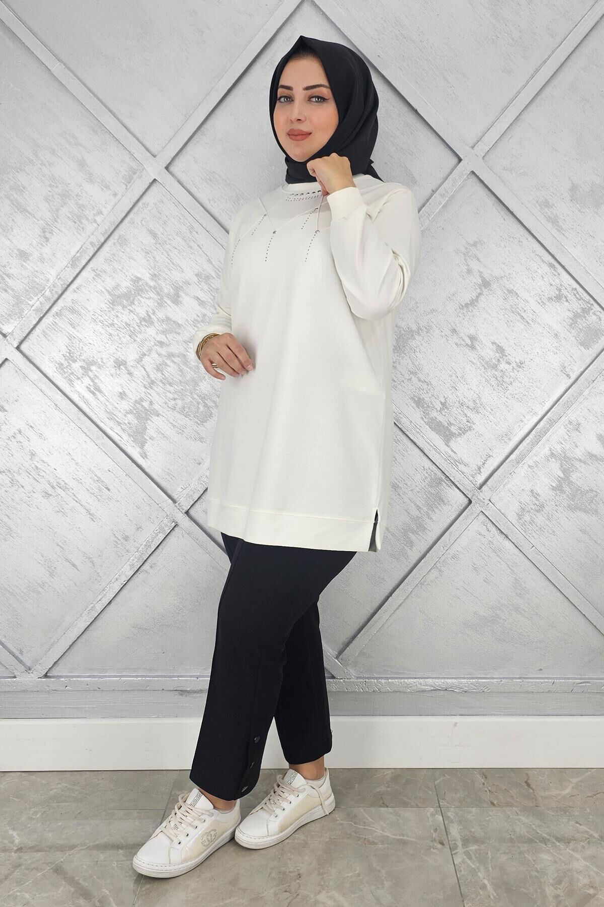 KADIN TAŞ DETAYLI TESETTÜR TUNİK EKRU - 3XL