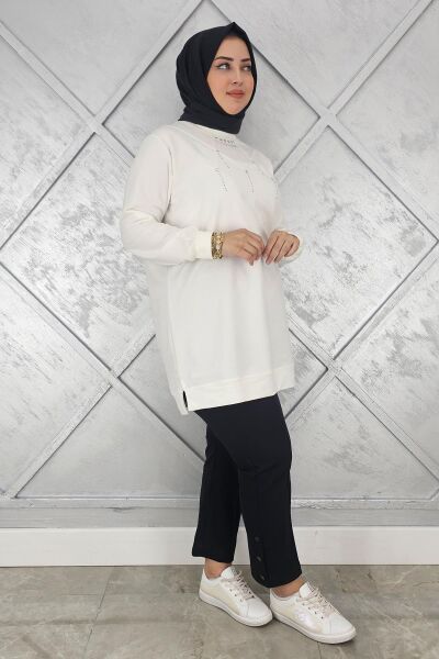 KADIN TAŞ DETAYLI TESETTÜR TUNİK EKRU - 3XL