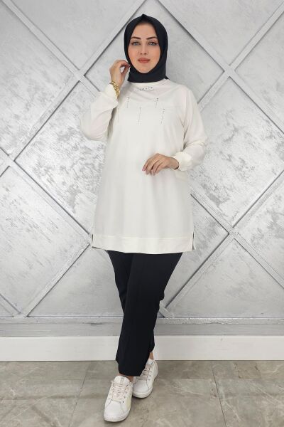 KADIN TAŞ DETAYLI TESETTÜR TUNİK EKRU - 3XL