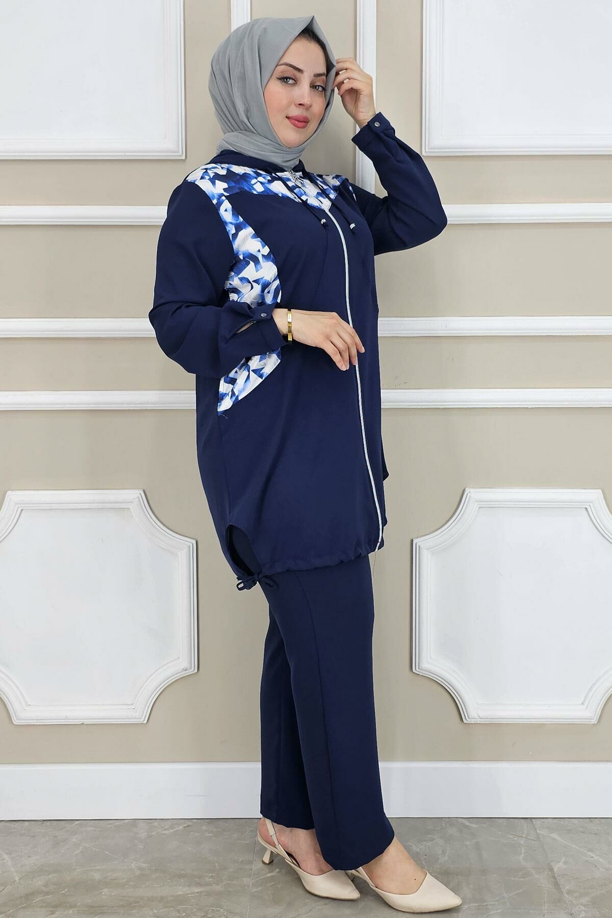 PYS KADIN KOMBİN DETAYLI TESETTÜR TAKIM LACİVERT - 2 BEDEN