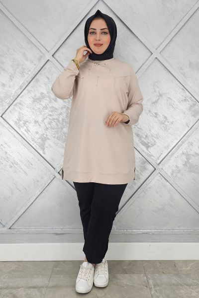KADIN TAŞ DETAYLI TESETTÜR TUNİK BEJ - L