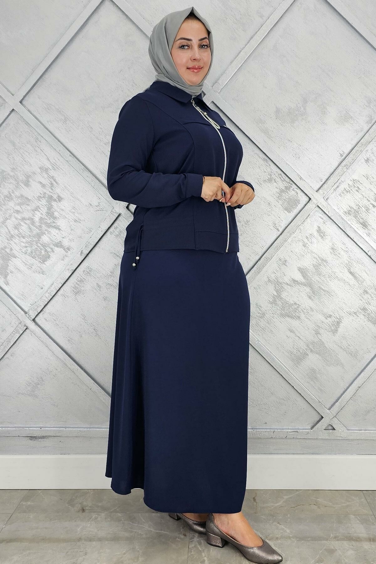 PYS KADIN BÜZGÜ DETAYLI TESETTÜR TAKIM LACİVERT - 2 BEDEN