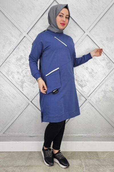 KADIN CEPLİ RENKLİ BİYELİ SPOR TESETTÜR TUNİK İNDİGO - 3 BEDEN