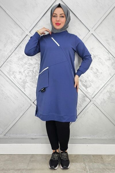 KADIN CEPLİ RENKLİ BİYELİ SPOR TESETTÜR TUNİK İNDİGO - 3 BEDEN