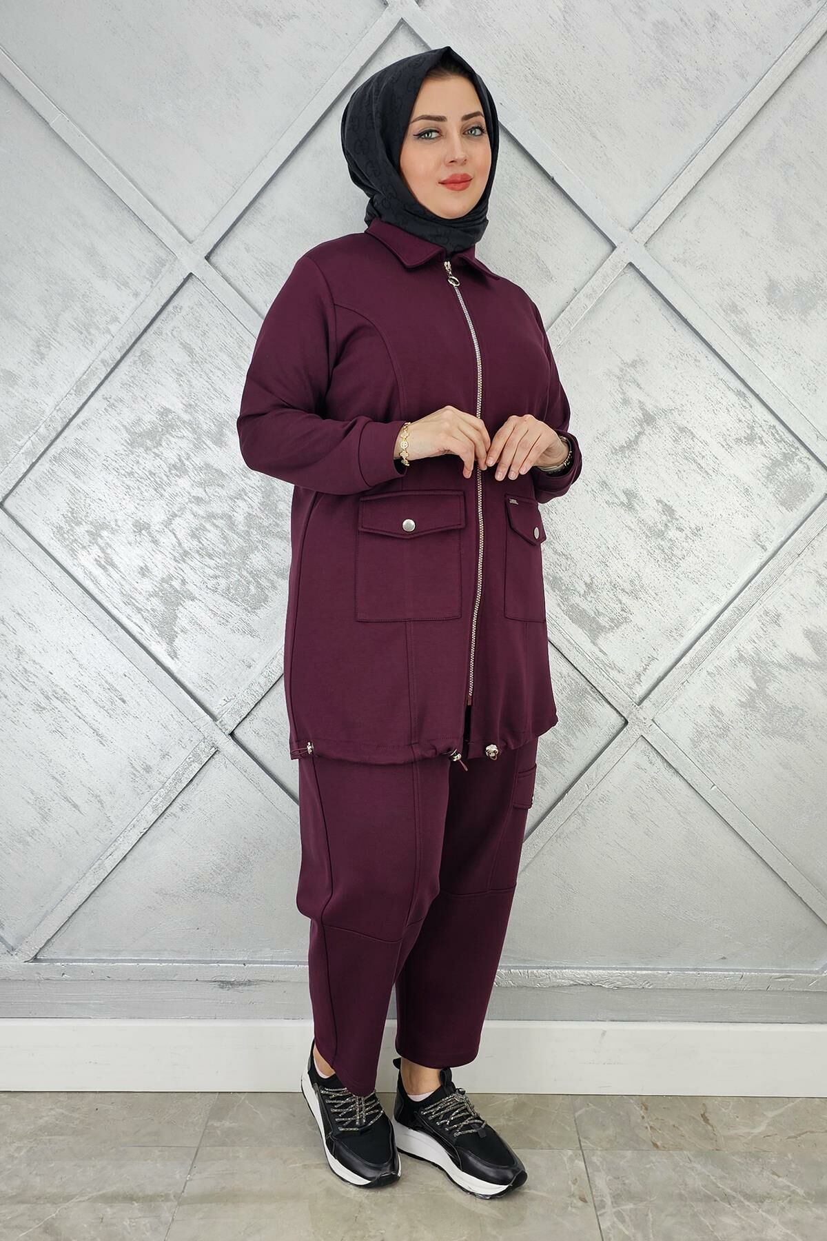 KADIN ÇIT ÇIT FERMUARLI TESETTÜR TAKIM BORDO - 4 BEDEN