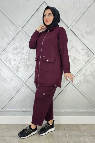 KADIN ÇIT ÇIT FERMUARLI TESETTÜR TAKIM BORDO - 4 BEDEN