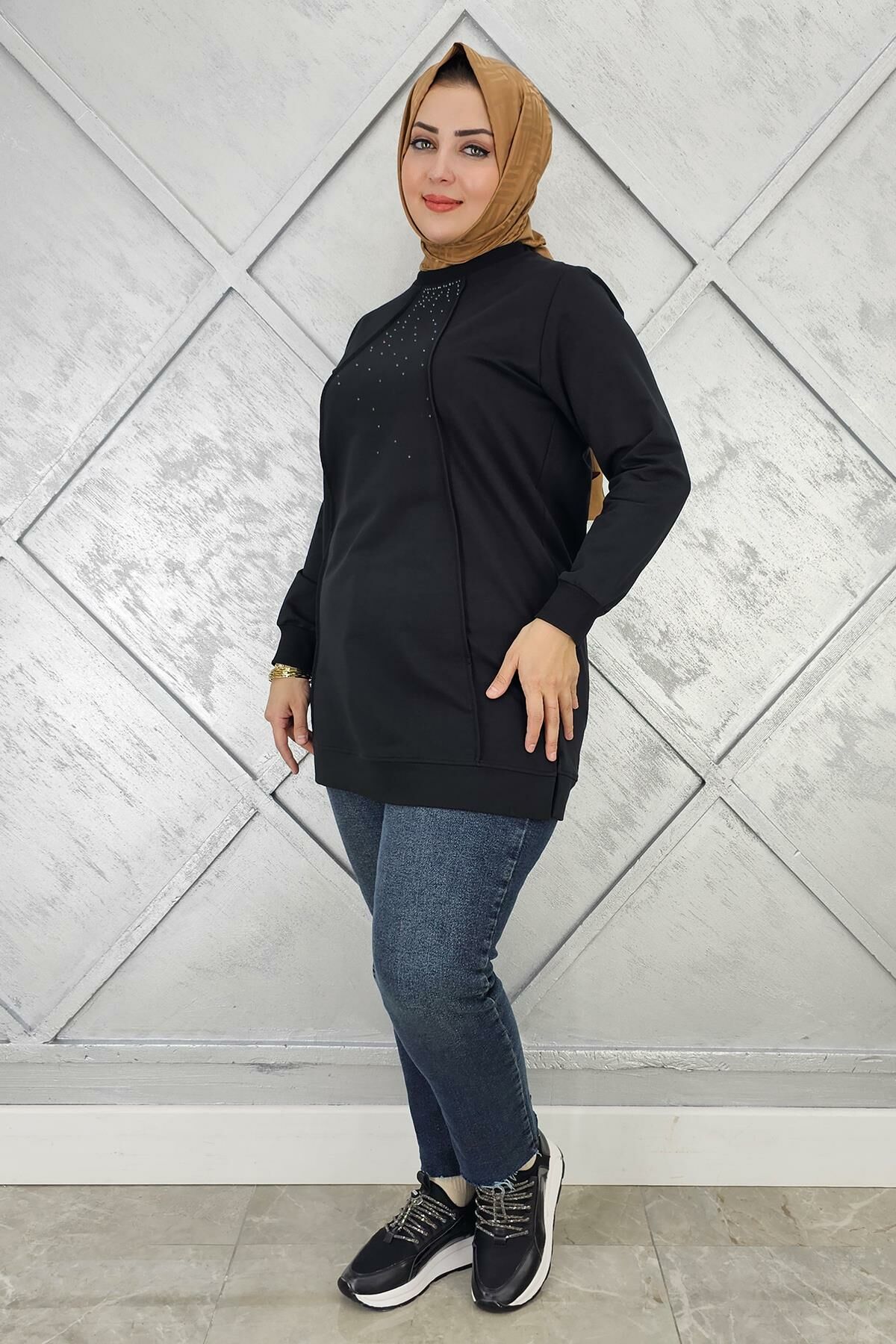 KADIN NERVÜR DİKİM TAŞ DETAYLI TESETTÜR TUNİK SİYAH - XL
