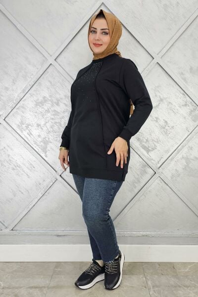 KADIN NERVÜR DİKİM TAŞ DETAYLI TESETTÜR TUNİK SİYAH - XL