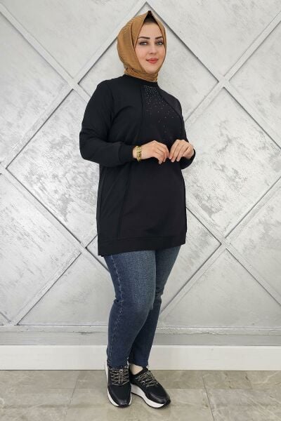 KADIN NERVÜR DİKİM TAŞ DETAYLI TESETTÜR TUNİK SİYAH - XL