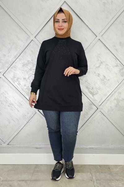 KADIN NERVÜR DİKİM TAŞ DETAYLI TESETTÜR TUNİK SİYAH - XL