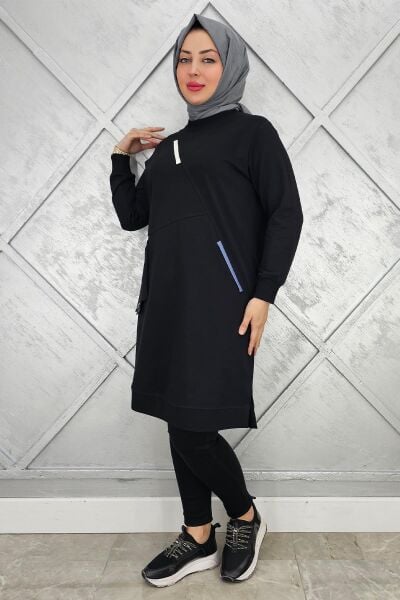 KADIN CEPLİ RENKLİ BİYELİ SPOR TESETTÜR TUNİK SİYAH - 2 BEDEN