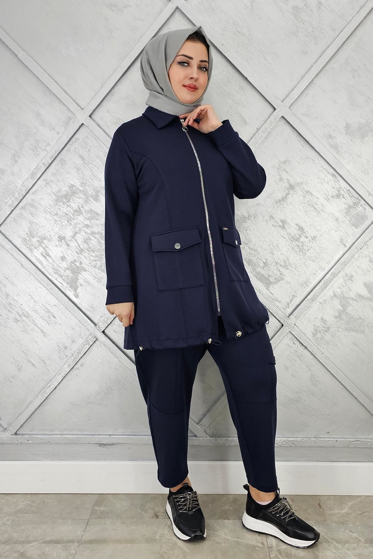 KADIN ÇIT ÇIT FERMUARLI TESETTÜR TAKIM LACİVERT - 5 BEDEN