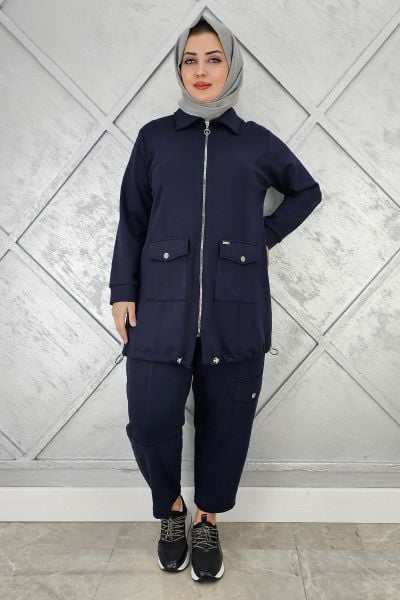KADIN ÇIT ÇIT FERMUARLI TESETTÜR TAKIM LACİVERT - 5 BEDEN