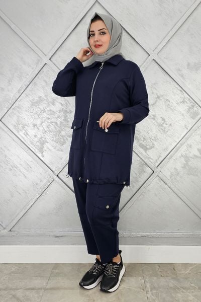 KADIN ÇIT ÇIT FERMUARLI TESETTÜR TAKIM LACİVERT - 5 BEDEN