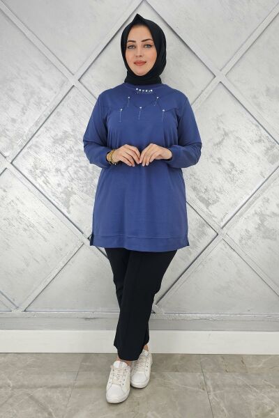 KADIN TAŞ DETAYLI TESETTÜR TUNİK İNDİGO - 2XL