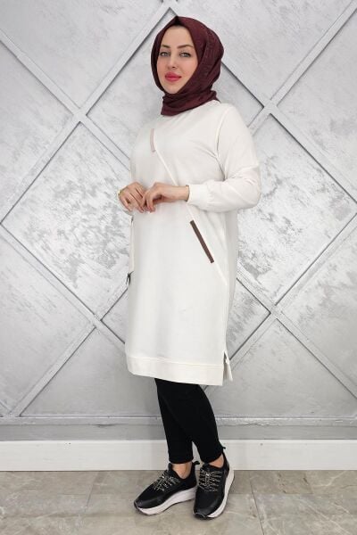 KADIN CEPLİ RENKLİ BİYELİ SPOR TESETTÜR TUNİK EKRU - 4 BEDEN