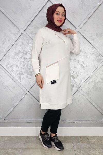KADIN CEPLİ RENKLİ BİYELİ SPOR TESETTÜR TUNİK EKRU - 4 BEDEN