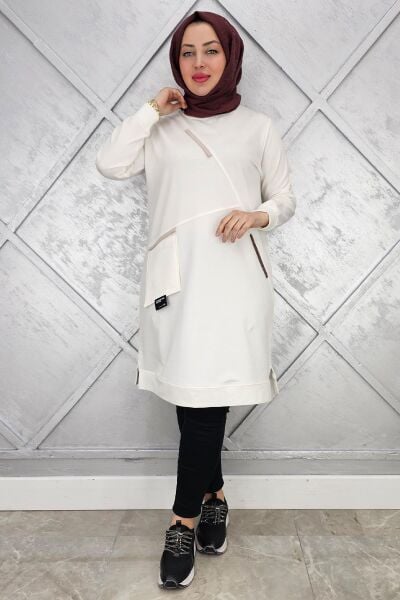 KADIN CEPLİ RENKLİ BİYELİ SPOR TESETTÜR TUNİK EKRU - 4 BEDEN