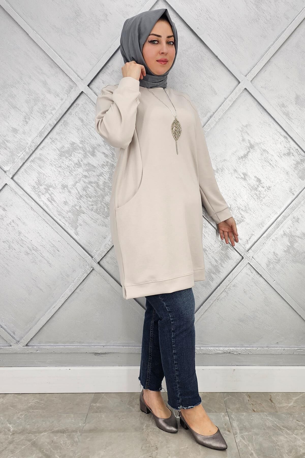 KADIN KOLYE DETAYLI TESETTÜR TUNİK BEJ - 3 BEDEN