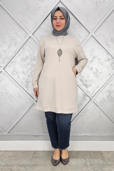 KADIN KOLYE DETAYLI TESETTÜR TUNİK BEJ - 3 BEDEN