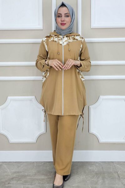 PYS KADIN KOMBİN DETAYLI TESETTÜR TAKIM CAMEL - 2 BEDEN