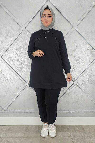 KADIN TAŞ DETAYLI TESETTÜR TUNİK SİYAH - XL