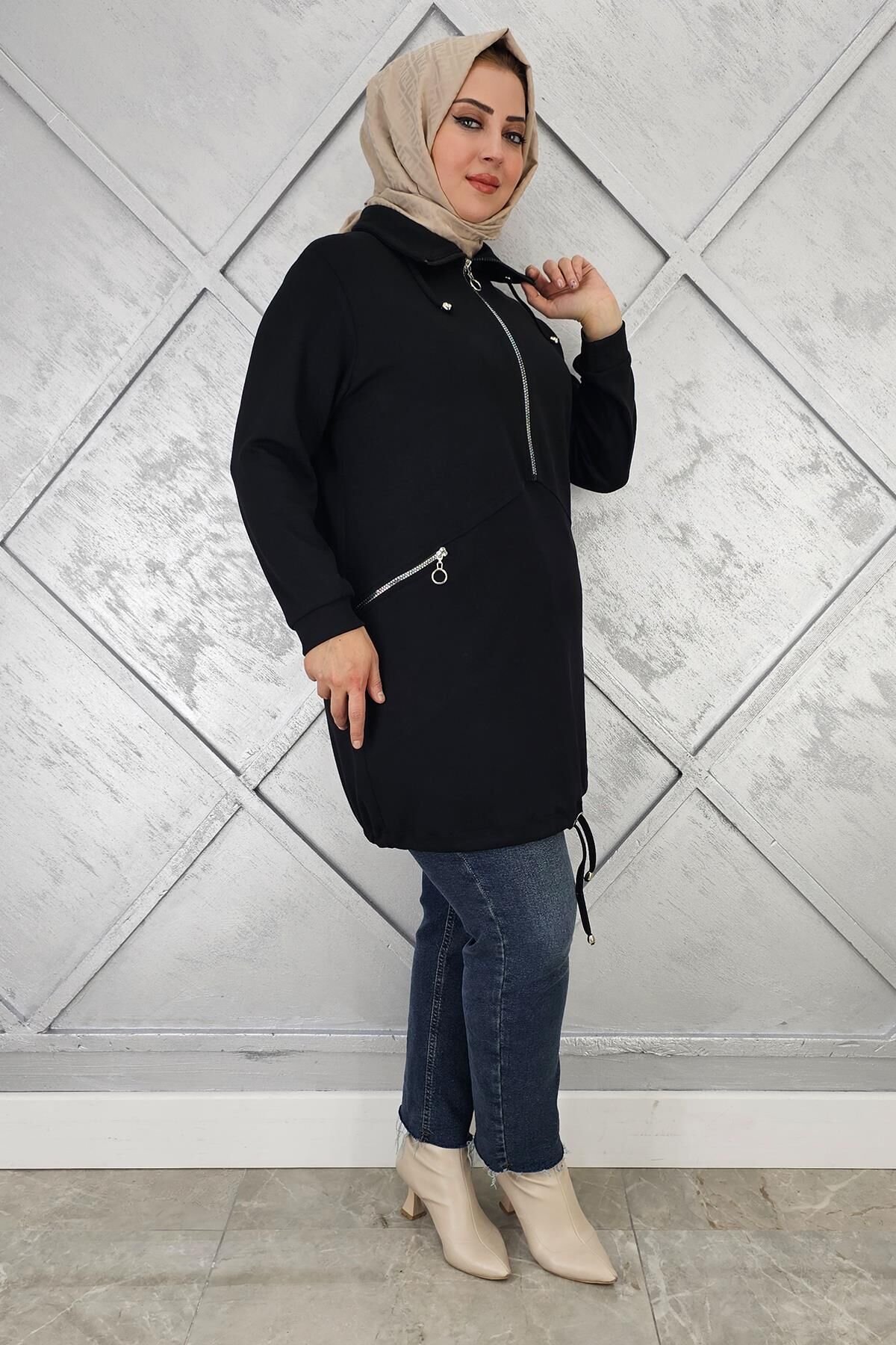 KADIN FERMUAR DETAYLI TESETTÜR TUNİK SİYAH - 3 BEDEN