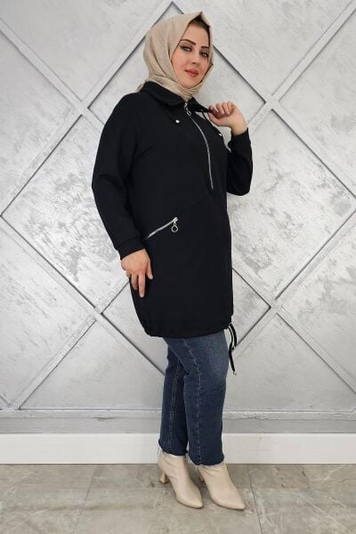 KADIN FERMUAR DETAYLI TESETTÜR TUNİK SİYAH - 3 BEDEN