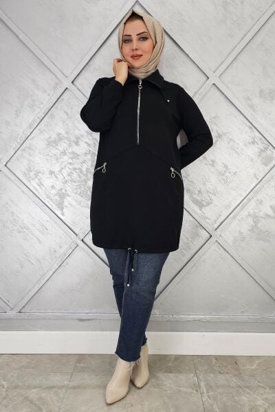 KADIN FERMUAR DETAYLI TESETTÜR TUNİK SİYAH - 3 BEDEN