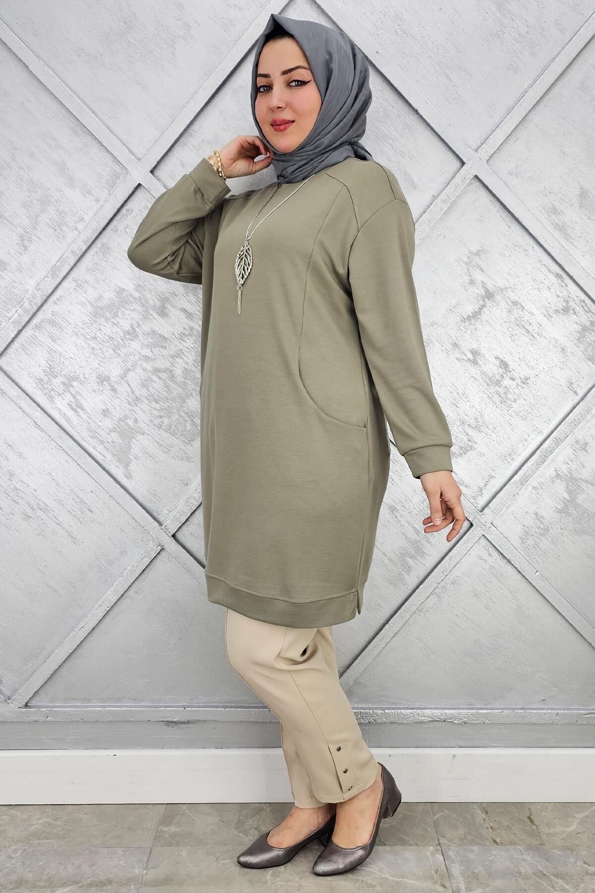 KADIN KOLYE DETAYLI TESETTÜR TUNİK HAKİ - 5 BEDEN