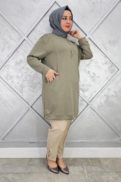 KADIN KOLYE DETAYLI TESETTÜR TUNİK HAKİ - 5 BEDEN