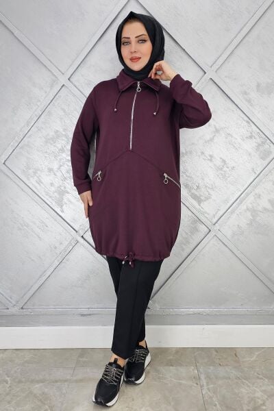 KADIN FERMUAR DETAYLI TESETTÜR TUNİK BORDO - 2 BEDEN